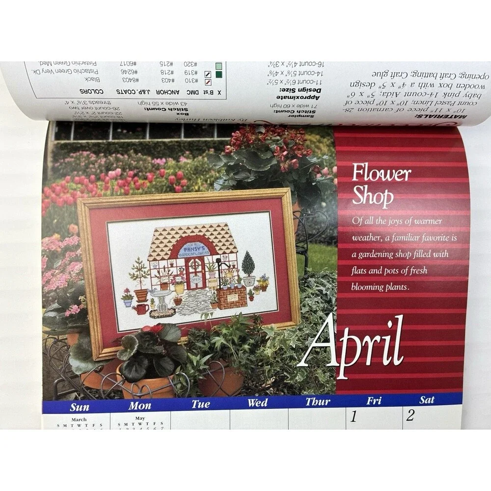 Calendar Cross Stitch 12 Patterns 1994 Rose Cat Daffodil Ballerina Car USA Bear